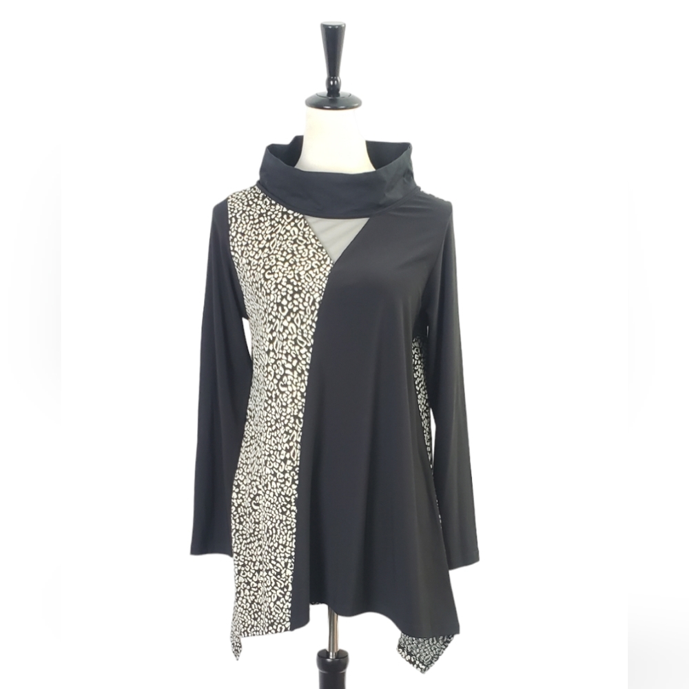 Sun Kim Artsy Lagenlook Mixed Media  Leopard Print Tunic Top Sz S Gallery